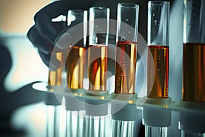 a person in a lab holding a test tube with orange liquid, surrounded by other filled tubes, ai generative