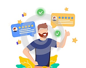 A person leaves a good online review for a product or service. vector illustration design graphics for the site section