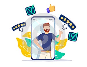 A person leaves a good online review for a product or service. vector illustration design graphics for the site section.