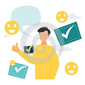 a person leaves a good online review for a product or service. vector illustration design graphics for the site section, reviews,