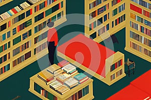 Person in library or bookstore with books on shelves isometric view digital illustration.