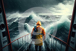 person in life jacket on deck of ship sailing in a storm