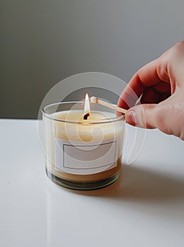 Person Lighting Candle on Table
