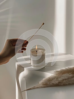 Person Lighting Candle on Table