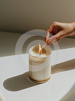 Person Lighting Candle on Table