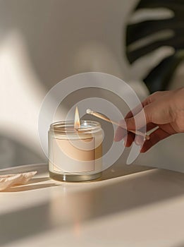 Person Lighting Candle on Table