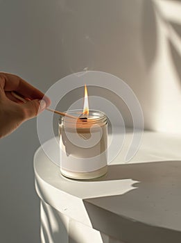 Person Lighting Candle on Table