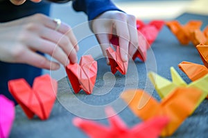 person lining up heart origamis for a photo shoot