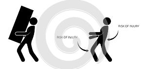 Person, a loader incorrectly carries a heavy load, increasing the risk of injury. Isolated vector on white background