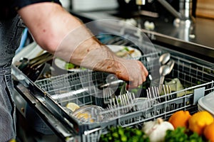 Person loading dishwasher with plates and utensils, highlighting household chores and kitchen cleanliness