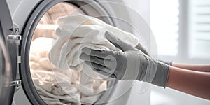 The person loading white laundry into a modern washing machine. AI generated image