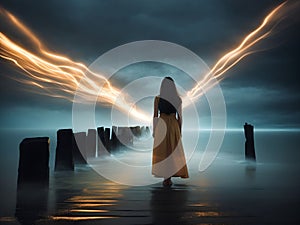 a person in long dress standing on wooden posts at the edge of the ocean