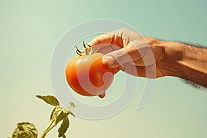 A person with a longing expression reaching for a ripe tomato with space for copy