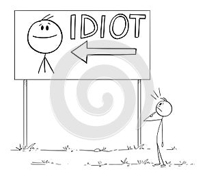 Person Looking Shocked on His Face and Idiot Text on Billboard Sign, Vector Cartoon Stick Figure Illustration