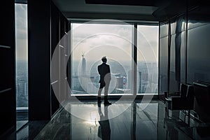 person, looking at view of city skyline from the window of skyscraper office