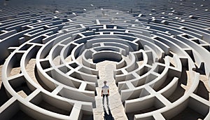 Person lost in white maze.Human challenge. A man navigating through a maze. Top view. Problem solving and finding a
