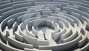 Person lost in white maze.Human challenge. A man navigating through a maze. Top view. Problem solving and finding a