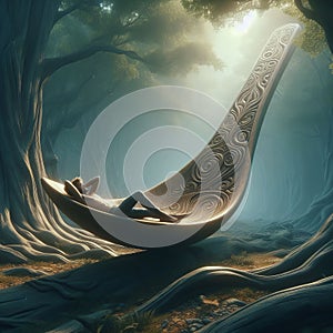 A person lounging on a massive, intricately carved wooden spon
