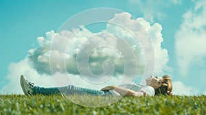 A person lying on a grassy field, gazing up at a blue sky with fluffy clouds. The scene evokes a sense of relaxation and