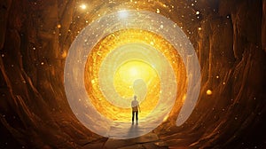 Person in a magical tunnel, walking towards a golden sphere of light. Portal to another dimension. Generative AI