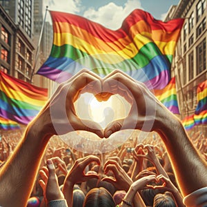 Person makes a heart sign during gay pride parade march