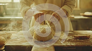 A person making bread on a wooden cutting board with flour, AI