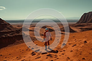 person, making first steps on red planet, with view of distant horizon in the background