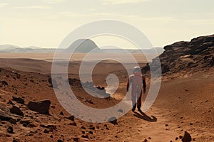 person, making first steps on red planet, with view of distant horizon in the background