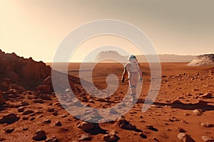 person, making first steps on red planet, with view of distant horizon in the background