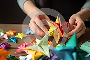 person, making origami star with colored paper for holiday decoration