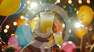 A person making a toast with a glass of g juice at a New Years Eve party surrounded by balloons and party hats