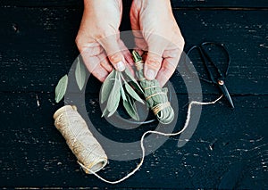 Person making white sage Salvia apiana smudge stick at home with homegrown sage leaves.