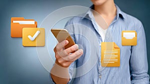 Person managing digital documents with mobile phone