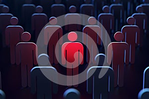 A person marked red between other people as a concept of danger. 3D rendering