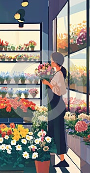 person at the market. woman collects a bouquet in a glassed flower shop photo