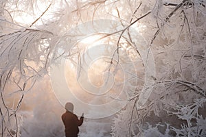 Person marveling at intricate frost patterns on winter morning. Generative AI