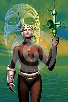 Person with a mask and snorkel, sci fi woman on alien planet, in the background a cyborg, 3d illustration