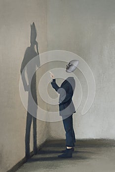 Person with mask speaks with his shadow, concept of multiple identities photo