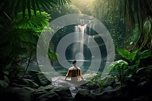 Person meditating in front of waterfall in deep forest, generative AI