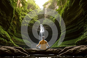 Person meditating in front of waterfall in deep forest, generative AI