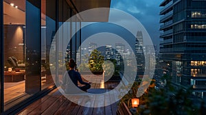 Person meditating on a hotel balcony overlooking a cityscape, atmosphere of tranquility and mindfulness, Tranquil