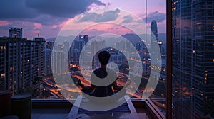 Person meditating on a hotel balcony overlooking a cityscape, atmosphere of tranquility and mindfulness, Tranquil