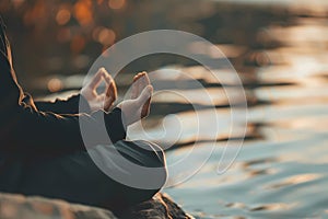 A person meditating by the water, with their hands in mudra and eyes closed for meditation. Ai generated