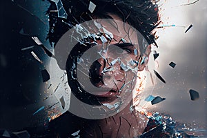 person, in the midst of a raging and schizophrenic episode, surrounded by shattered glass photo