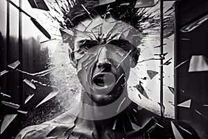 person, in the midst of a raging and schizophrenic episode, surrounded by shattered glass photo