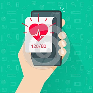 Person monitoring heart beat rate and blood pressure app via mobile cell phone vector flat cartoon, man tracking or