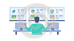 Person Monitoring Multiple Data Screens, vector design Generative AI
