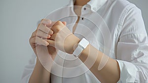 a person monitoring their heart rate, perhaps with a wearable device or by placing their fingers on their pulse