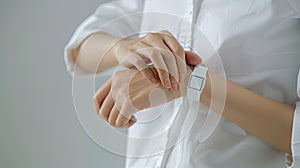 a person monitoring their heart rate, perhaps with a wearable device or by placing their fingers on their pulse