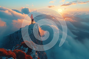 Person on mountain, above clouds, admiring sunset sky and afterglow